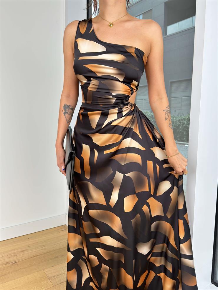 Tek Omuz Askılı Bel Kısmı Drapeli Desery Kahverengi Kadın Desenli Elbise 25K200