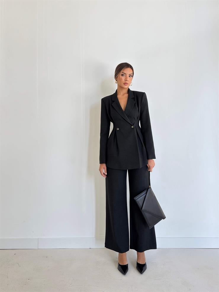 Belden Oturtmalı Yandan Cepli Deslan Siyah Kadın Pantolon 26K030