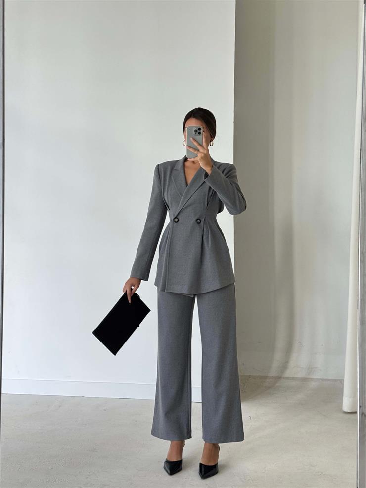 Belden Oturtmalı Yandan Cepli Deslan Gri Kadın Pantolon 26K030