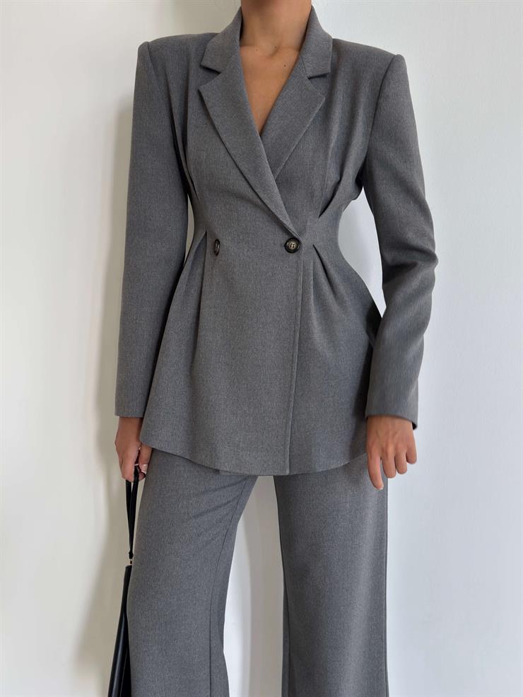 Belden Oturtmalı Düğme Detaylı Kruvaze Yaka  Deslin Gri Kadın Ceket 26K029