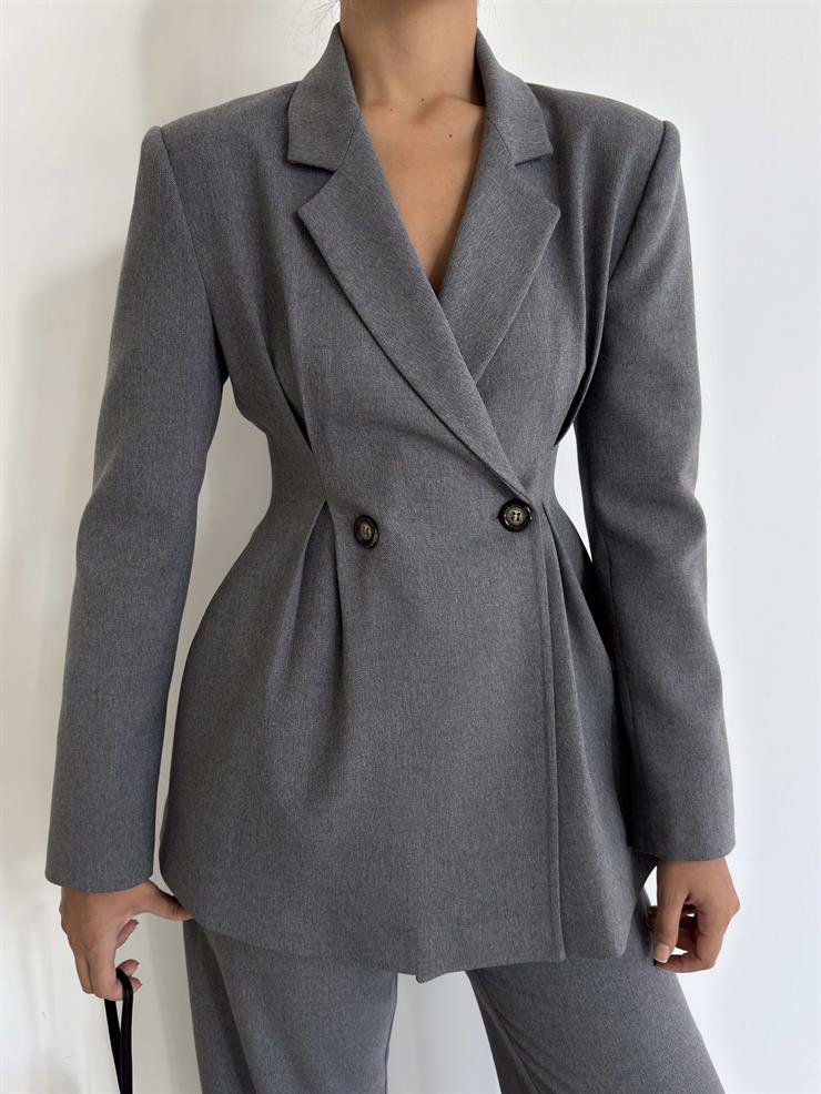 Belden Oturtmalı Düğme Detaylı Kruvaze Yaka  Deslin Gri Kadın Ceket 26K029