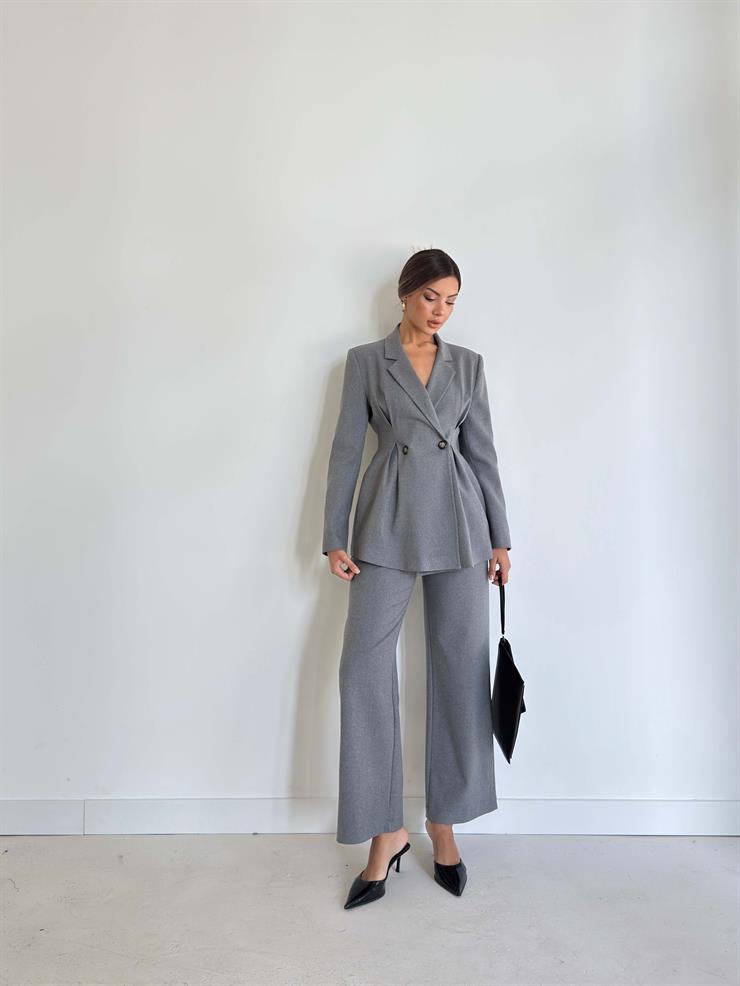 Belden Oturtmalı Düğme Detaylı Kruvaze Yaka  Deslin Gri Kadın Ceket 26K029