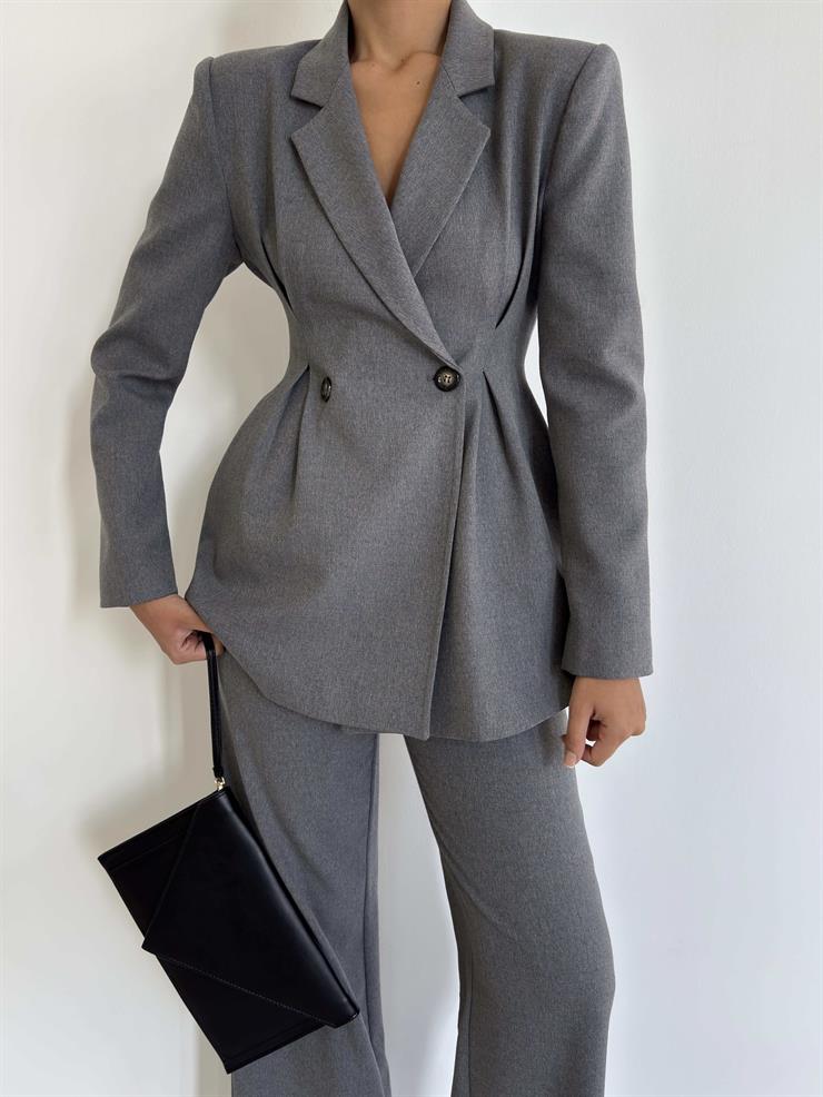 Belden Oturtmalı Düğme Detaylı Kruvaze Yaka  Deslin Gri Kadın Ceket 26K029