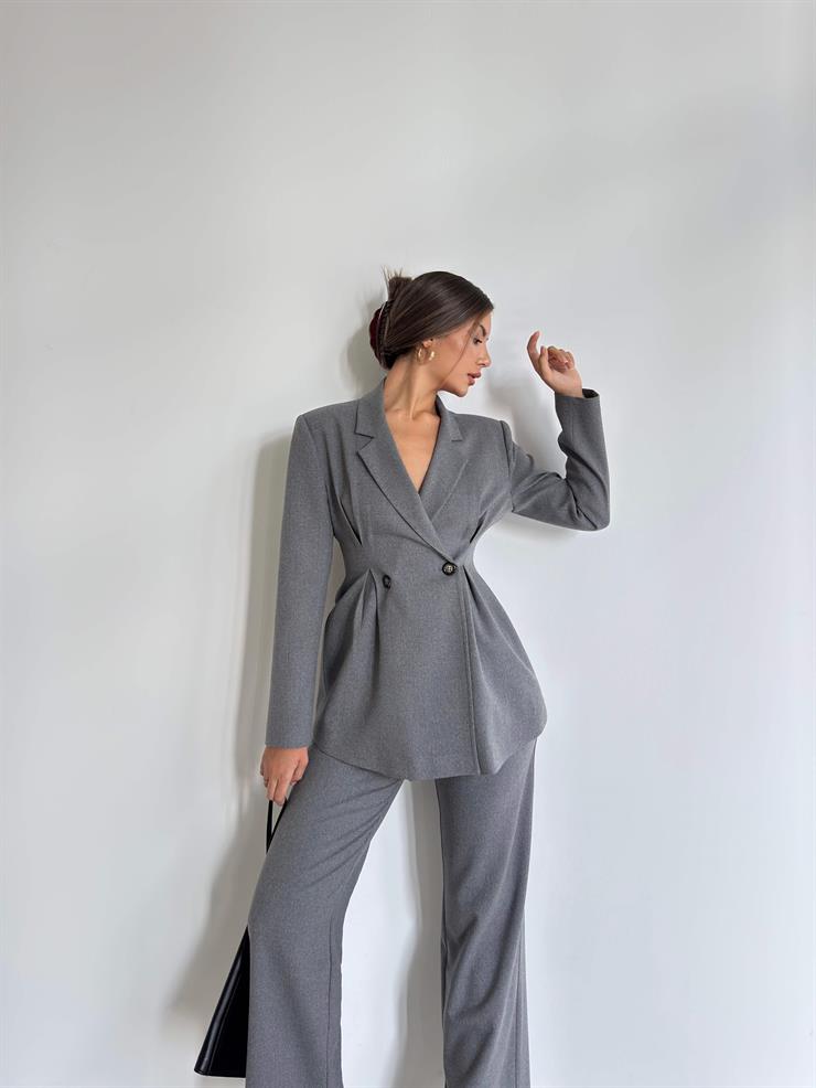 Belden Oturtmalı Düğme Detaylı Kruvaze Yaka  Deslin Gri Kadın Ceket 26K029