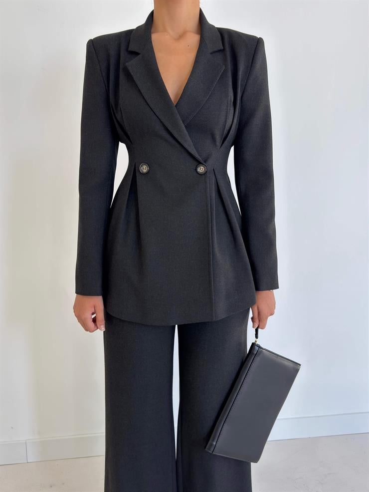 Belden Oturtmalı Düğme Detaylı Kruvaze Yaka Deslin Siyah Kadın Ceket 26K029