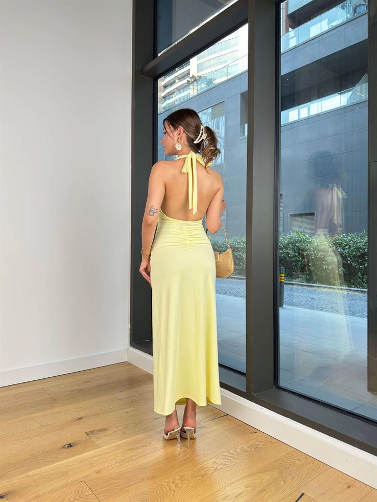 V Yaka Boyundan Bağlamalı Drapeli Despac Sarı Kadın Elbise 25Y443