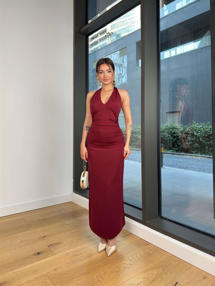 V Yaka Boyundan Bağlamalı Drapeli Despac Bordo Kadın Elbise 25Y443