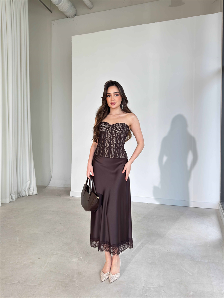 Korse Görünümlü Straplez Belden Oturtmalı Kahverengi Destiny Kadın Bluz 26Y168