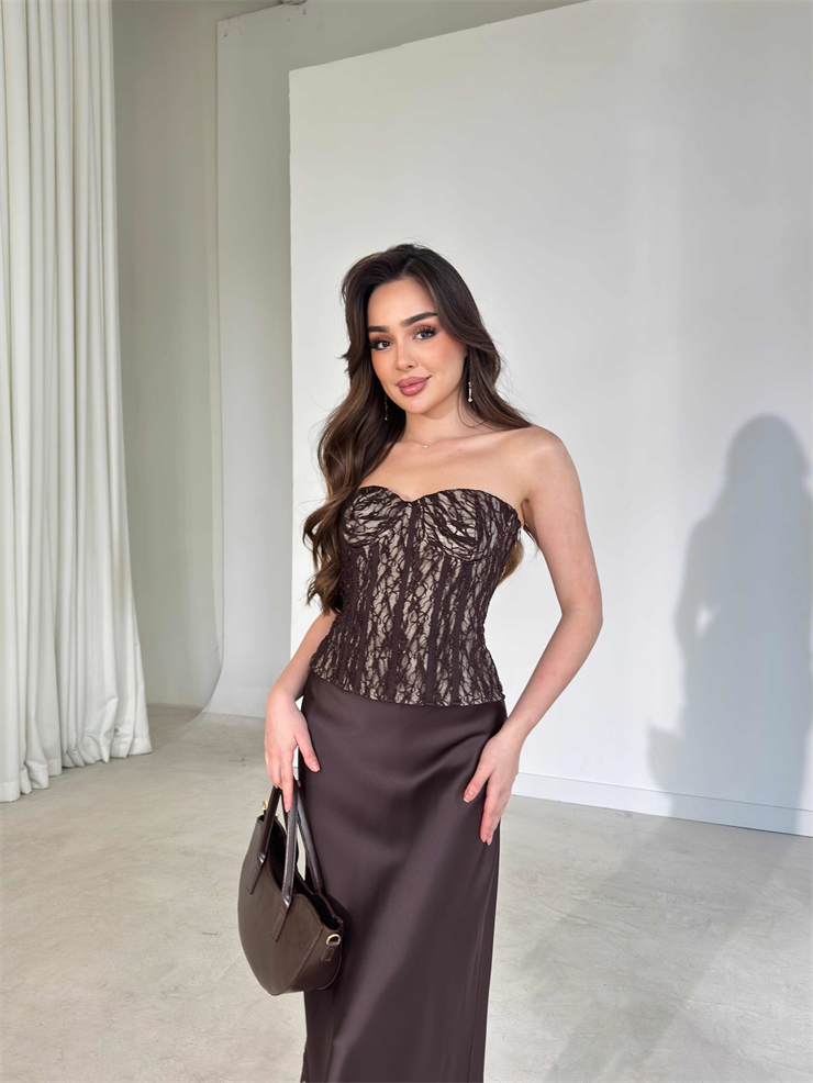 Korse Görünümlü Straplez Belden Oturtmalı Kahverengi Destiny Kadın Bluz 26Y168