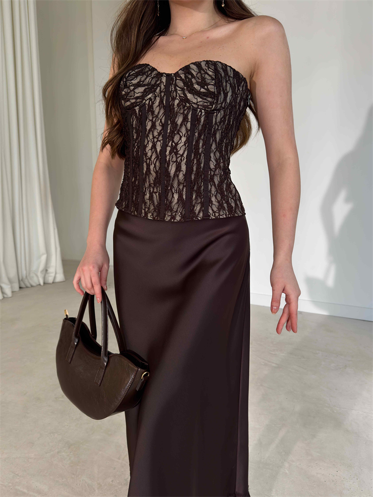 Korse Görünümlü Straplez Belden Oturtmalı Kahverengi Destiny Kadın Bluz 26Y168