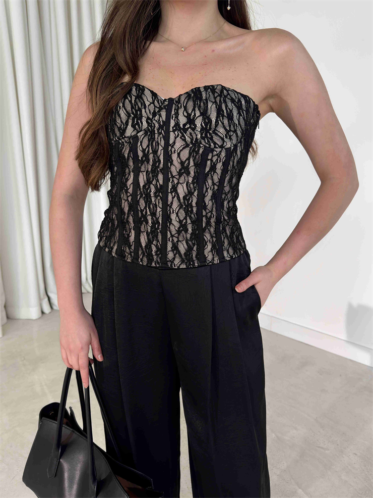 Korse Görünümlü Straplez Belden Oturtmalı Siyah Destiny Kadın Bluz 26Y168