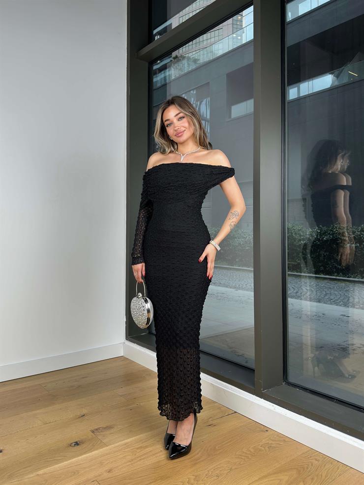 Madonna Yaka Tek Kol Detlev Siyah Kadın Elbise 25Y045