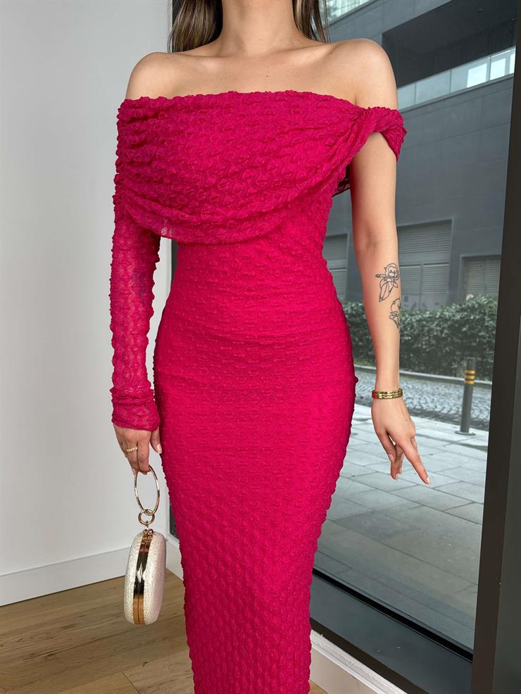 Madonna Yaka Tek Kol Detlev Fuşya Kadın Elbise 25Y045