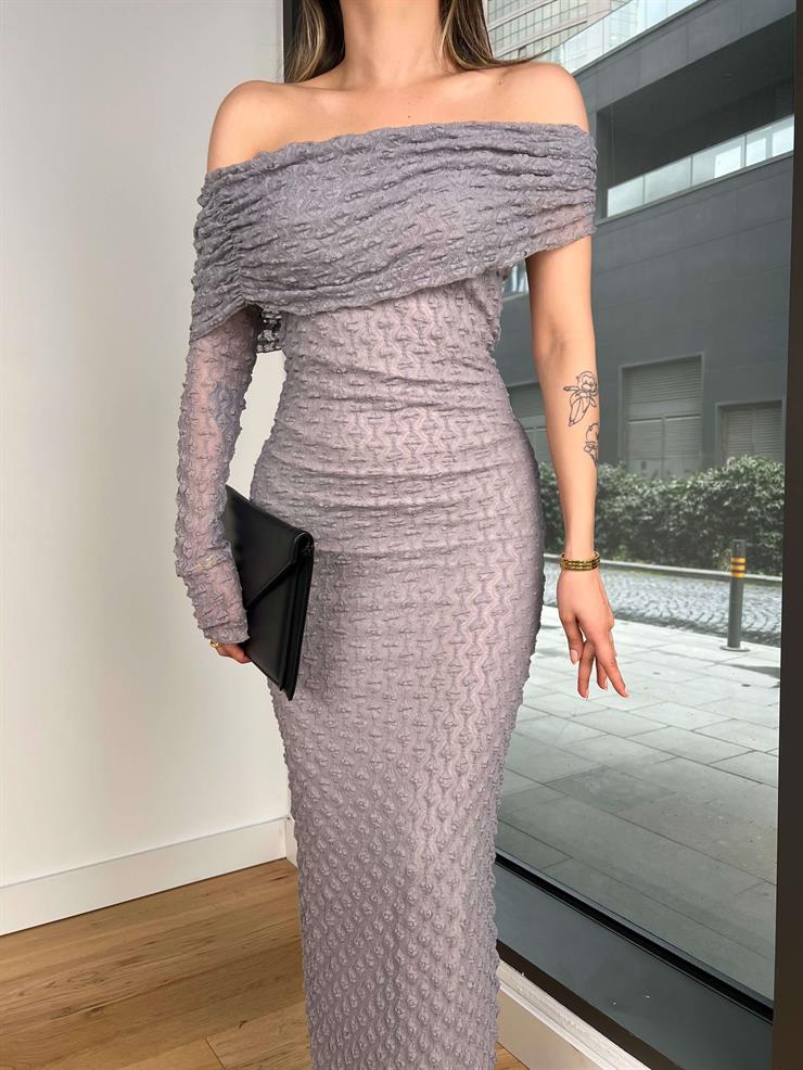 Madonna Yaka Tek Kol Detlev Gri Kadın Elbise 25Y045