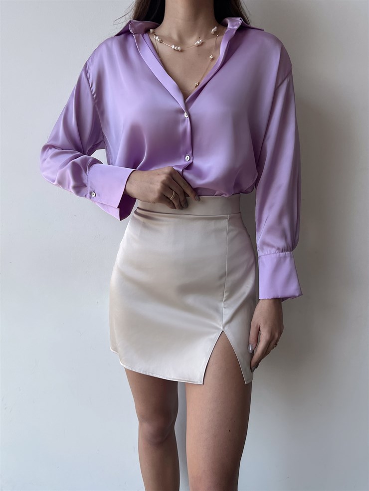 Düğme Kapamalı Devil Kadın Lila Saten Gömlek 23K000381