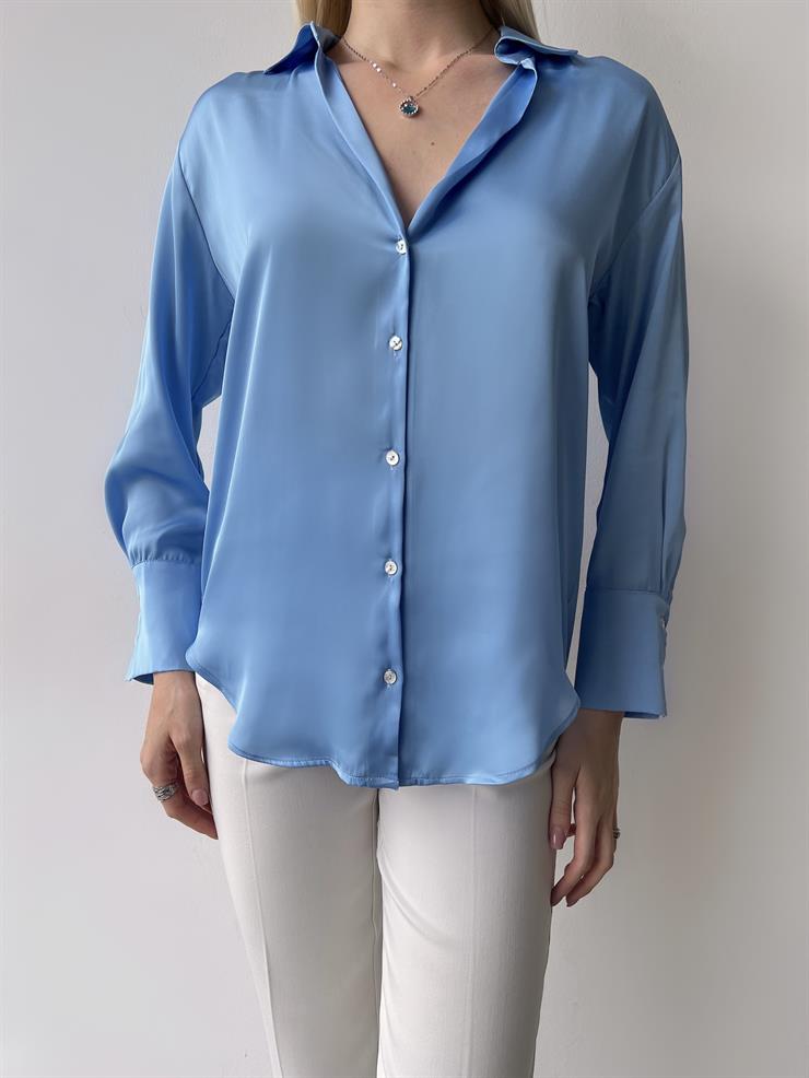 Düğme Kapamalı Devil Kadın Mavi Saten Gömlek 23K000381