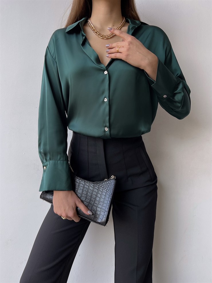 Düğme Kapamalı Devil Kadın Zümrüt Saten Gömlek 23K000381