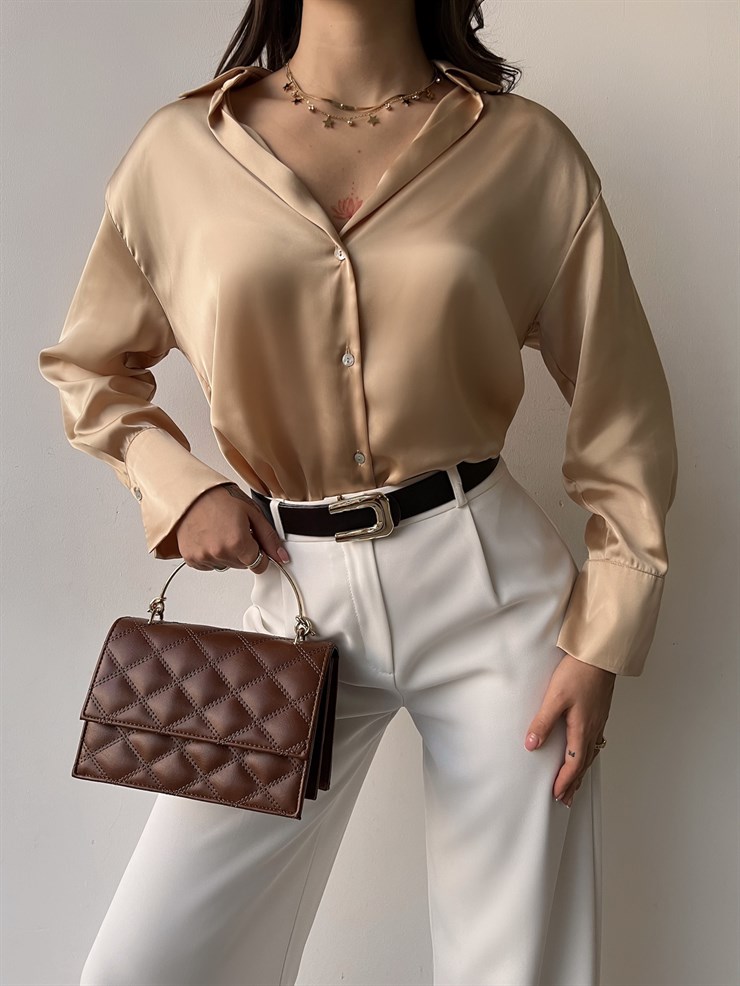 Düğme Kapamalı Devil Kadın Bej Saten Gömlek 23K000381