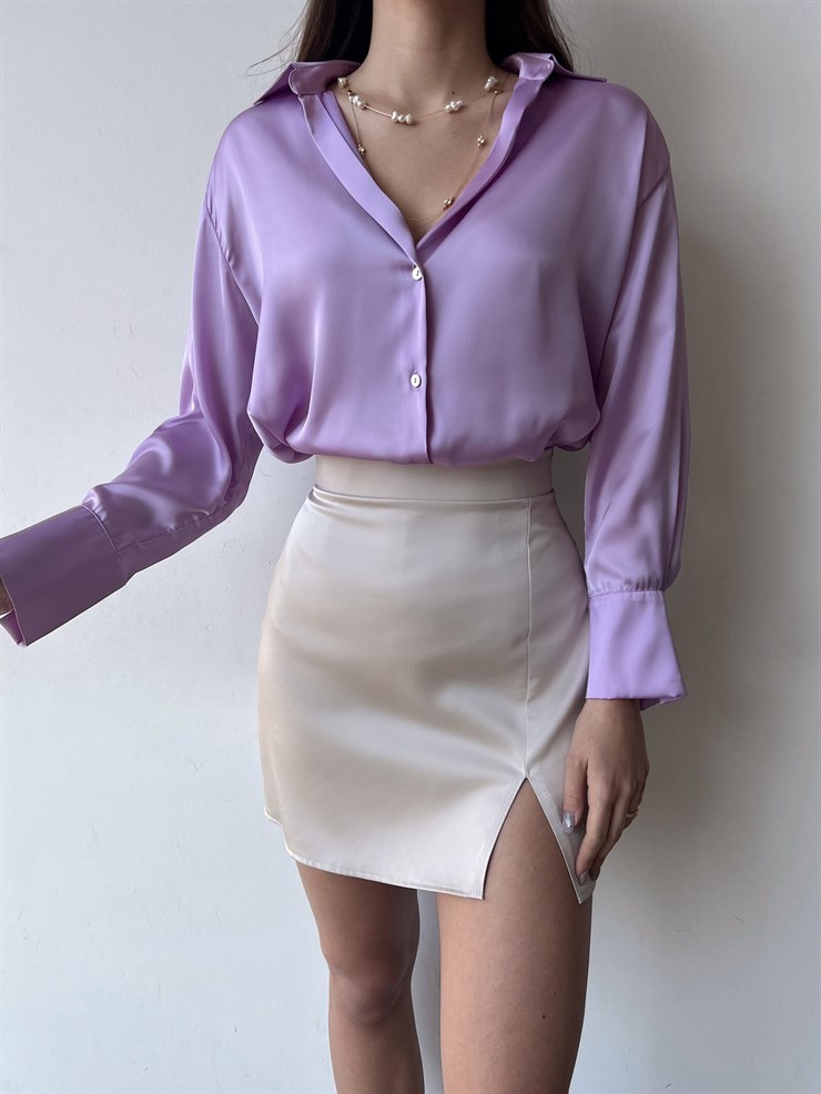 Düğme Kapamalı Devil Kadın Lila Saten Gömlek 23K000381