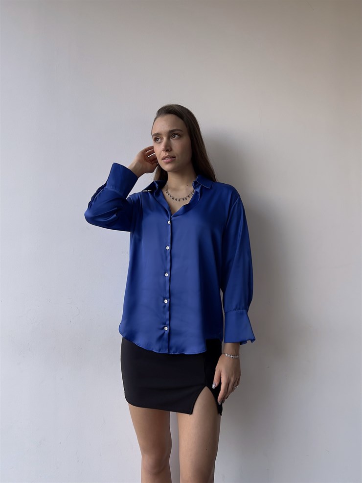 Düğme Kapamalı Devil Kadın Saks Saten Gömlek 23K000381