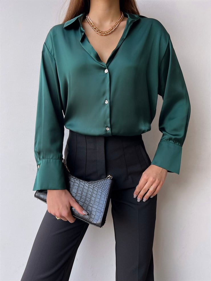 Düğme Kapamalı Devil Kadın Zümrüt Saten Gömlek 23K000381