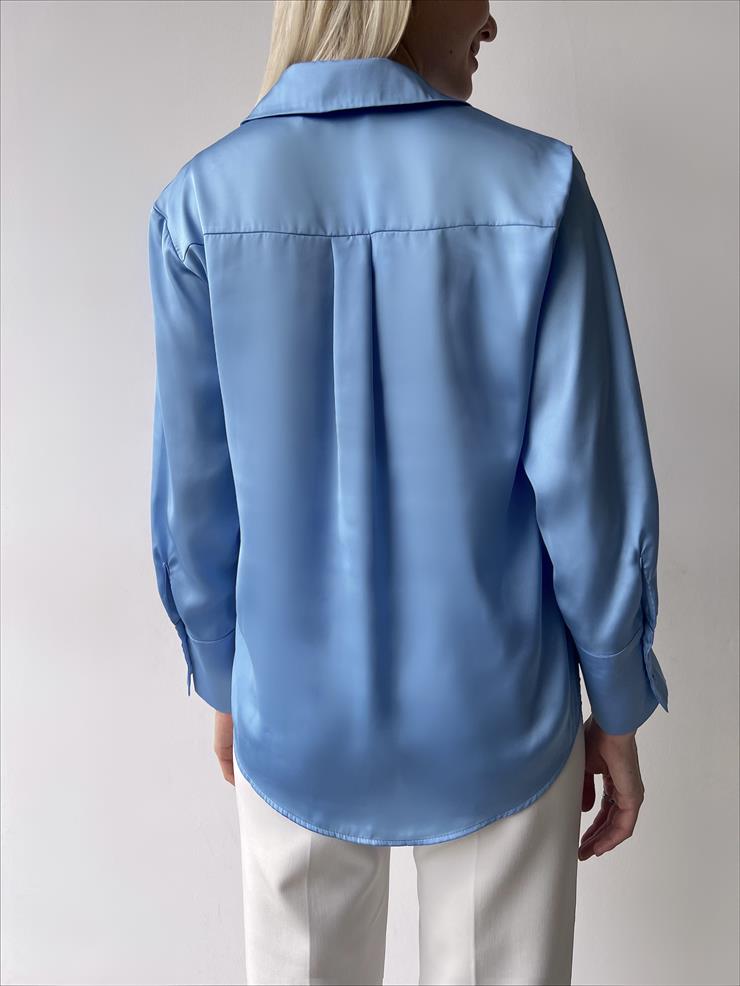 Düğme Kapamalı Devil Kadın Mavi Saten Gömlek 23K000381