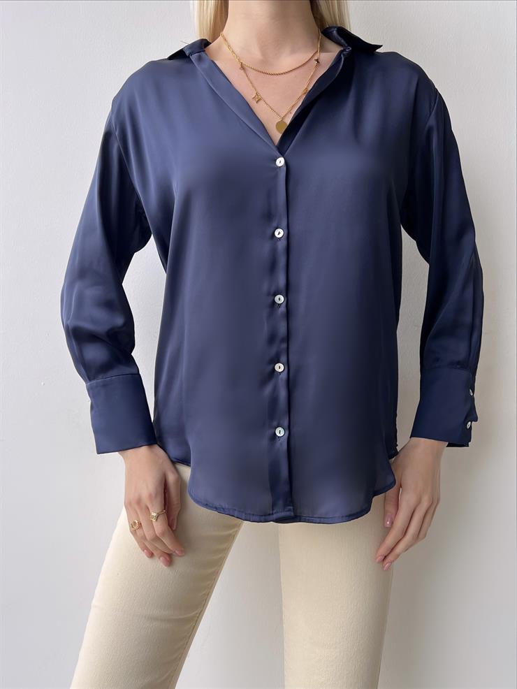 Düğme Kapamalı Devil Kadın Lacivert Saten Gömlek 23K000381