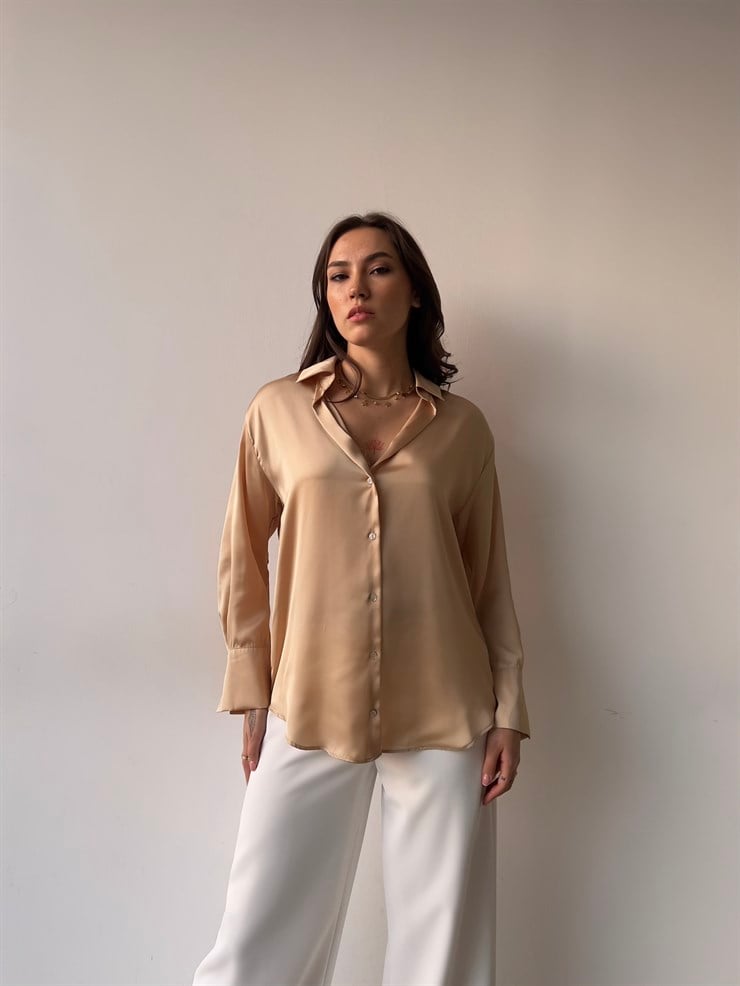 Düğme Kapamalı Devil Kadın Bej Saten Gömlek 23K000381