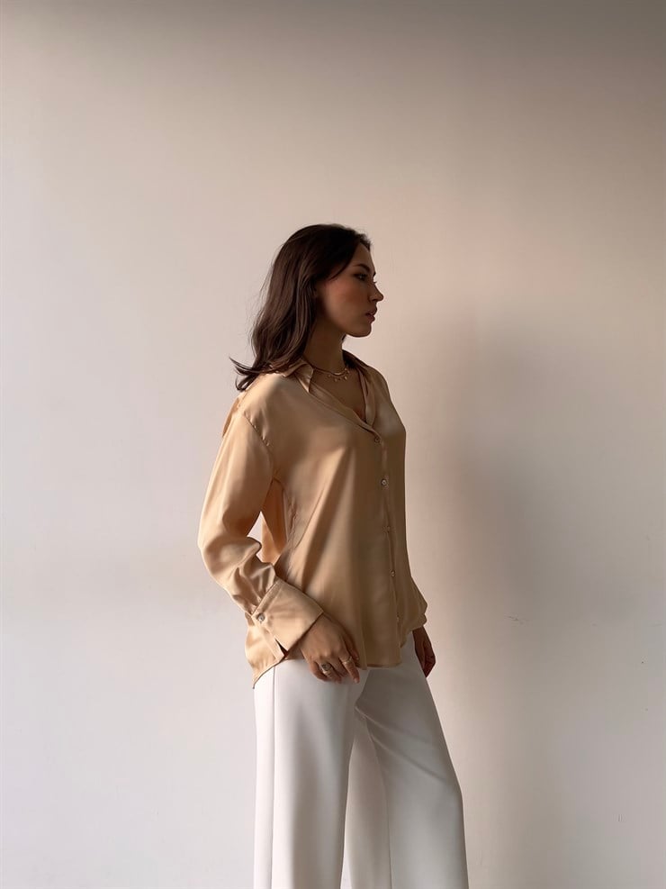 Düğme Kapamalı Devil Kadın Bej Saten Gömlek 23K000381