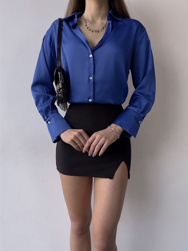 Düğme Kapamalı Devil Kadın Saks Saten Gömlek 23K000381