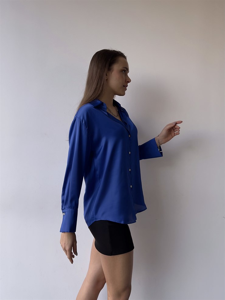 Düğme Kapamalı Devil Kadın Saks Saten Gömlek 23K000381