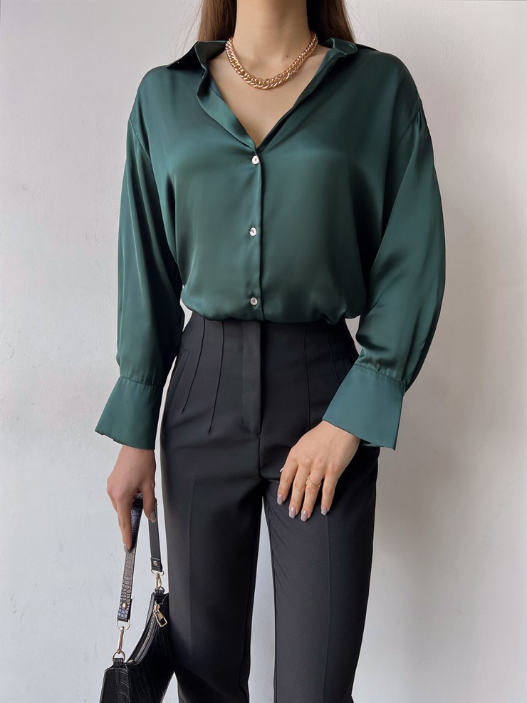 Düğme Kapamalı Devil Kadın Zümrüt Saten Gömlek 23K000381