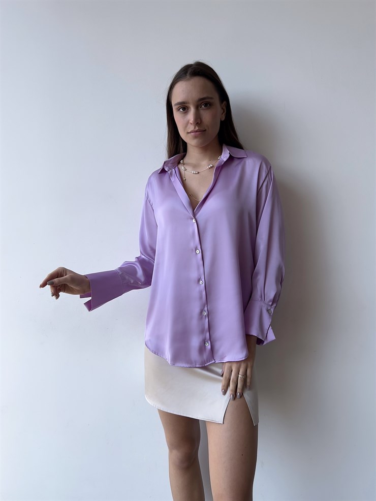 Düğme Kapamalı Devil Kadın Lila Saten Gömlek 23K000381
