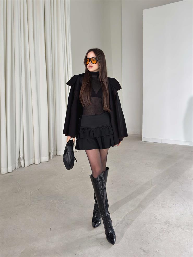 Yandan İp Detaylı Katlı Pileli Dewınt Siyah Kadın Mini Etek 26K389