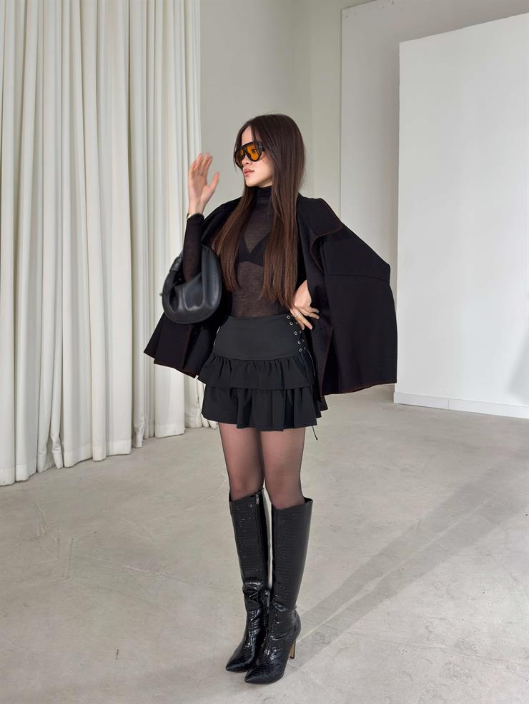 Yandan İp Detaylı Katlı Pileli Dewınt Siyah Kadın Mini Etek 26K389