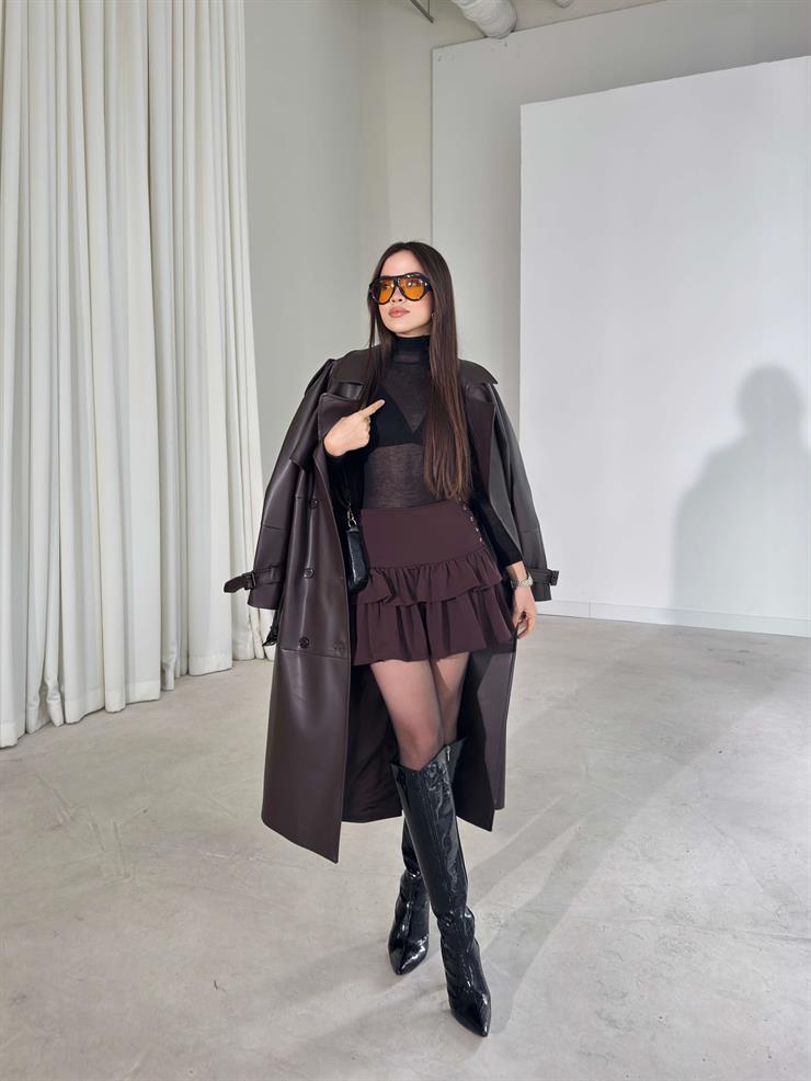 Yandan İp Detaylı Katlı Pileli Dewınt Kahve Kadın Mini Etek 26K389