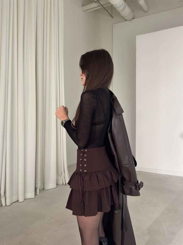 Yandan İp Detaylı Katlı Pileli Dewınt Kahve Kadın Mini Etek 26K389