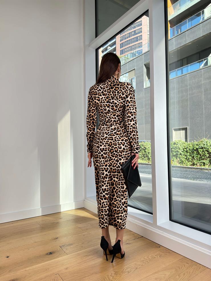 Balıkçı Yaka Leopar Desenli Streç Deylin Renkli Kadın Elbise 25K305