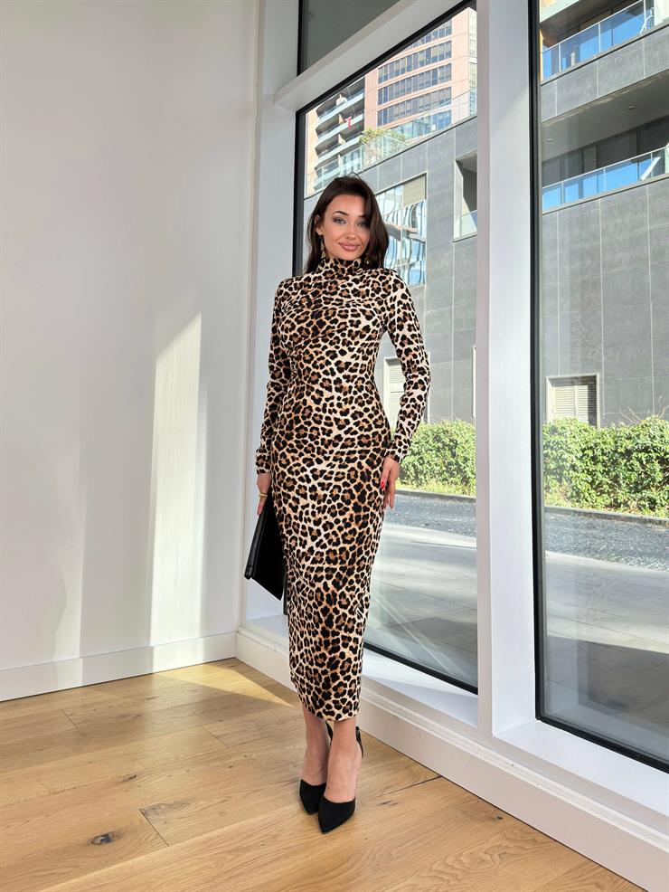 Balıkçı Yaka Leopar Desenli Streç Deylin Renkli Kadın Elbise 25K305