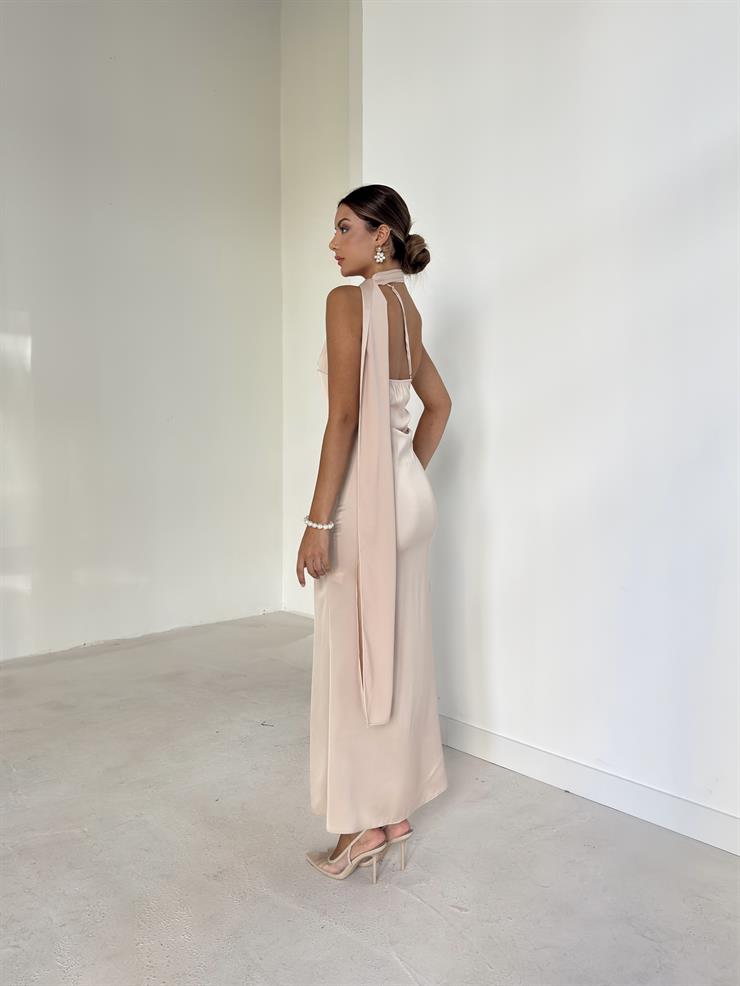 Tek Omuz Sırtı Asimetrik Detay Kendinden Kuşaklı Saten Midi Dıamante Taş Kadın Elbise 26K085