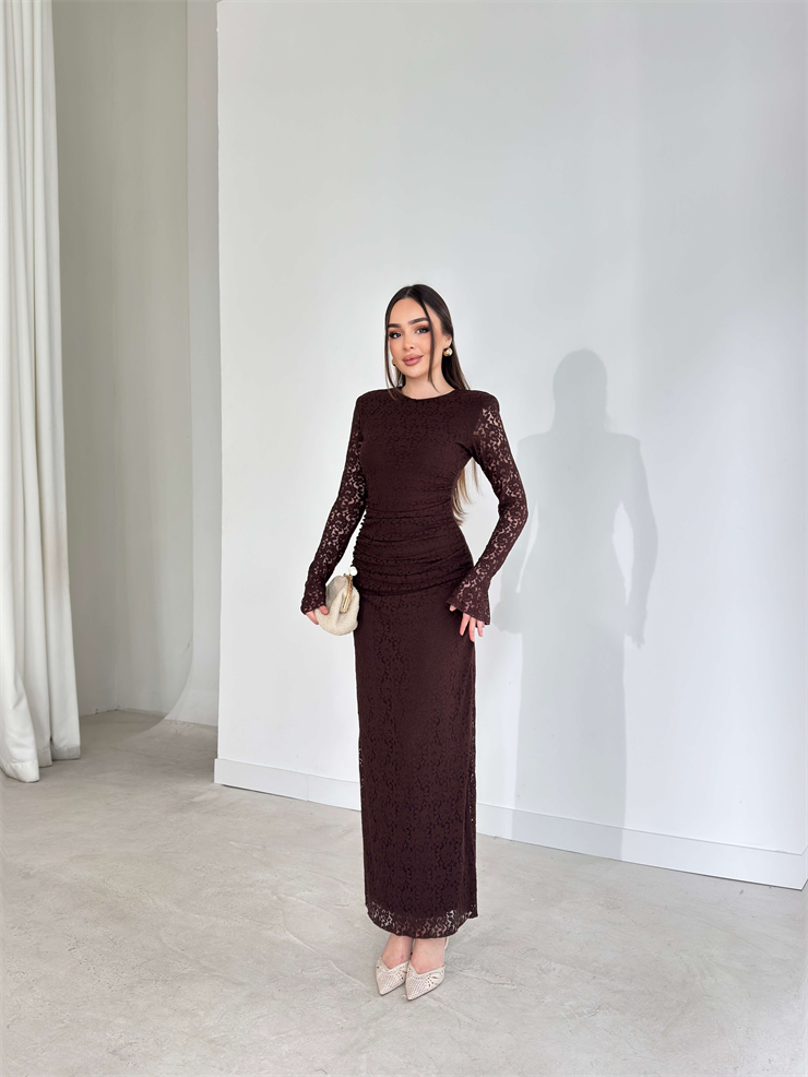 Vatkalı Dantelli Çan Kol Drape Detaylı Maxi Kahverengi Diana Kadın Elbise 26Y127