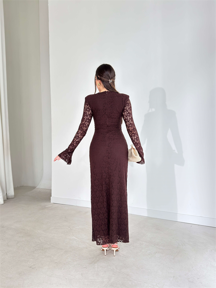 Vatkalı Dantelli Çan Kol Drape Detaylı Maxi Kahverengi Diana Kadın Elbise 26Y127