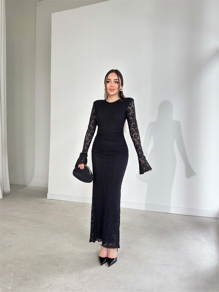 Vatkalı Dantelli Çan Kol Drape Detaylı Maxi Siyah Diana Kadın Elbise 26Y127