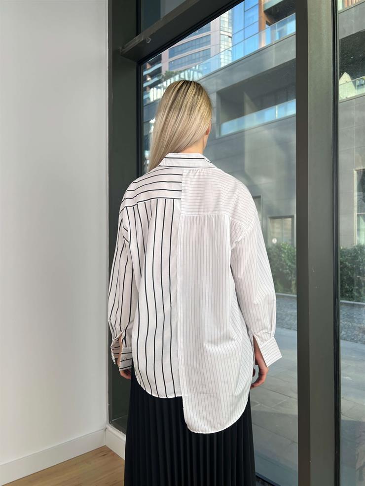 Oversize Çizgili Diane Kadın Beyaz Gömlek 24k287