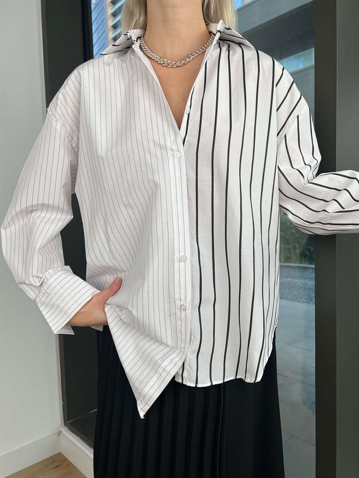 Oversize Çizgili Diane Kadın Beyaz Gömlek 24k287
