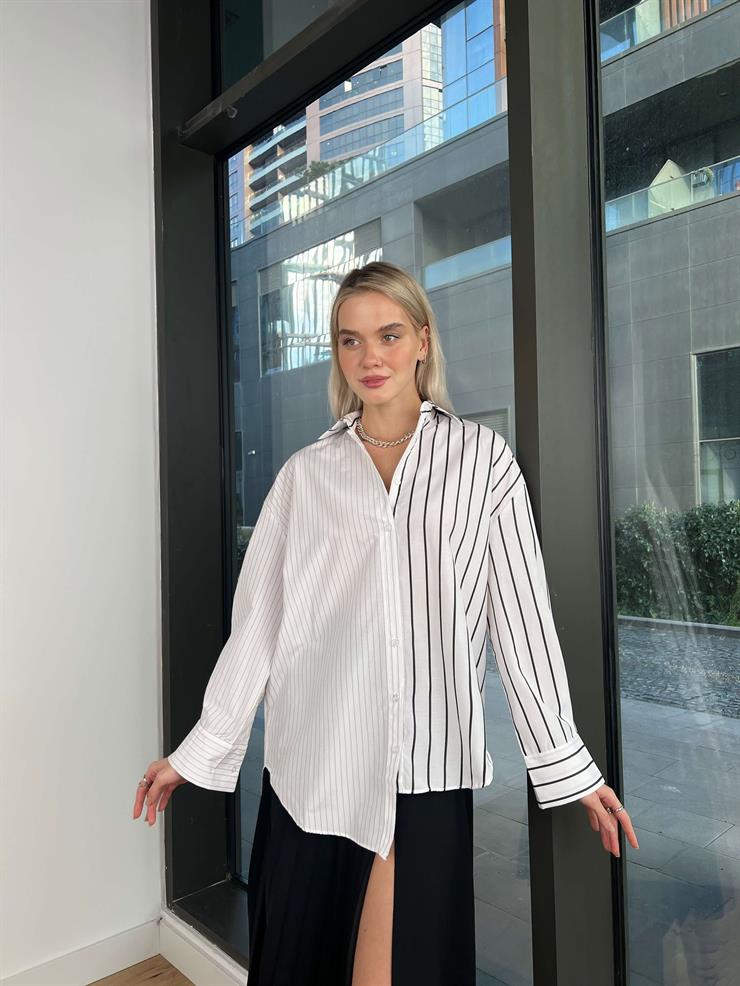 Oversize Çizgili Diane Kadın Beyaz Gömlek 24k287