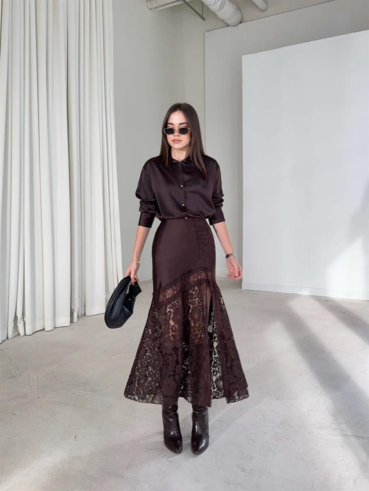 Dantelli Saten Yüksek Bel Dıanlı Kahve Kadın Etek 26K386