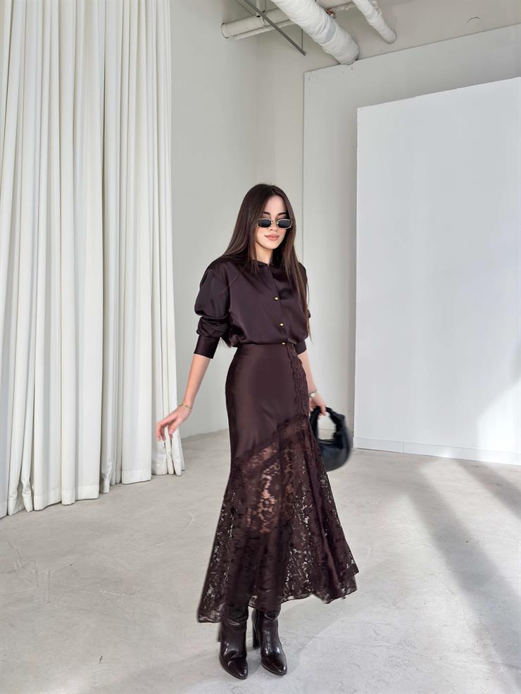 Dantelli Saten Yüksek Bel Dıanlı Kahve Kadın Etek 26K386