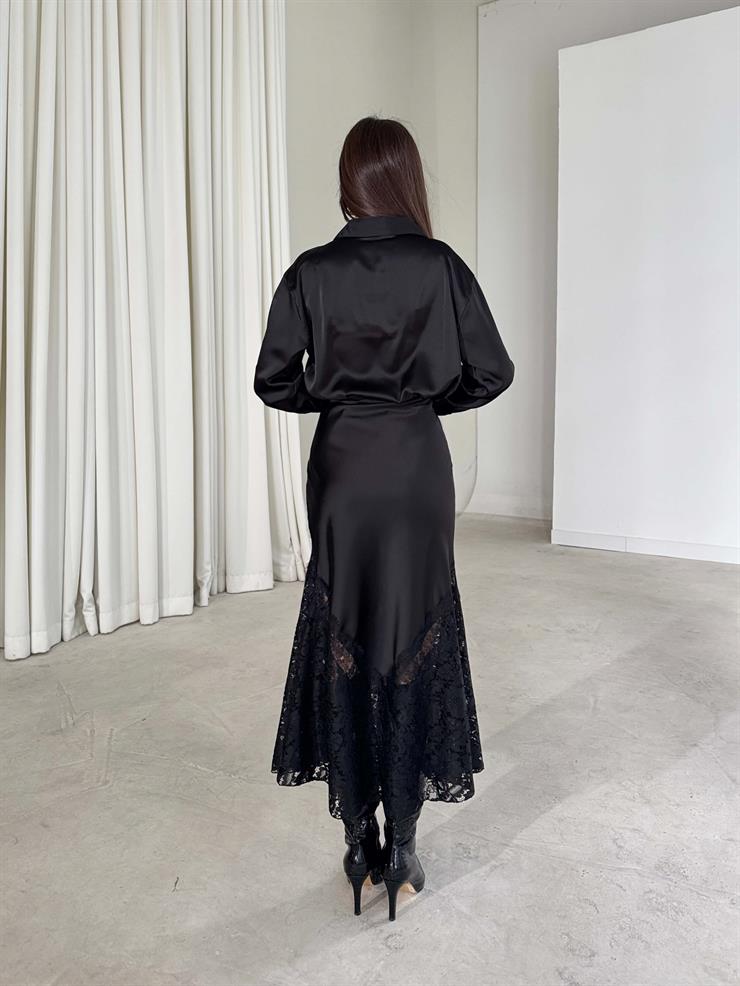 Dantelli Saten Yüksek Bel Dıanlı Siyah Kadın Etek 26K386