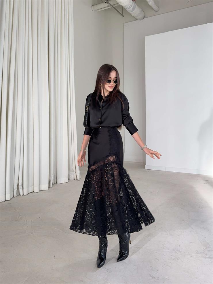 Dantelli Saten Yüksek Bel Dıanlı Siyah Kadın Etek 26K386